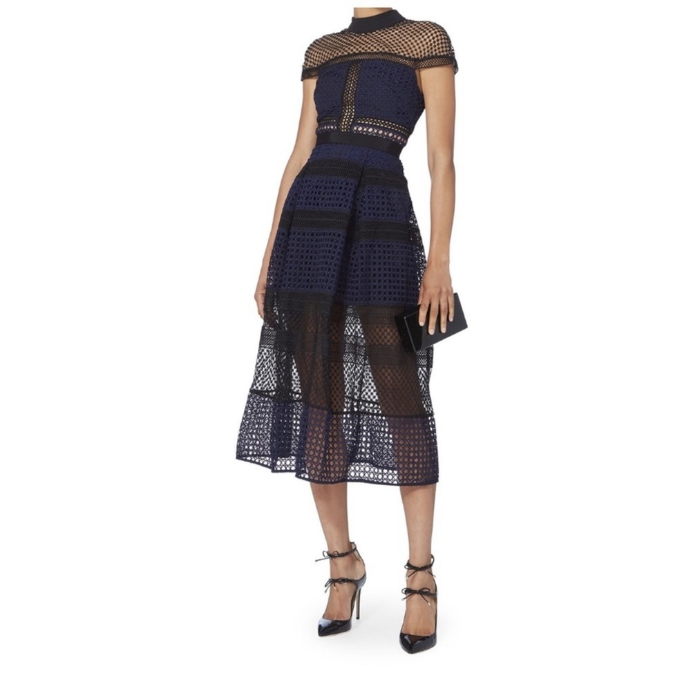 SELF-PORTRAIT Gorgeous Midi Blue and Black High Fashion Dress Size 2 NWT - Picture 2 of 5